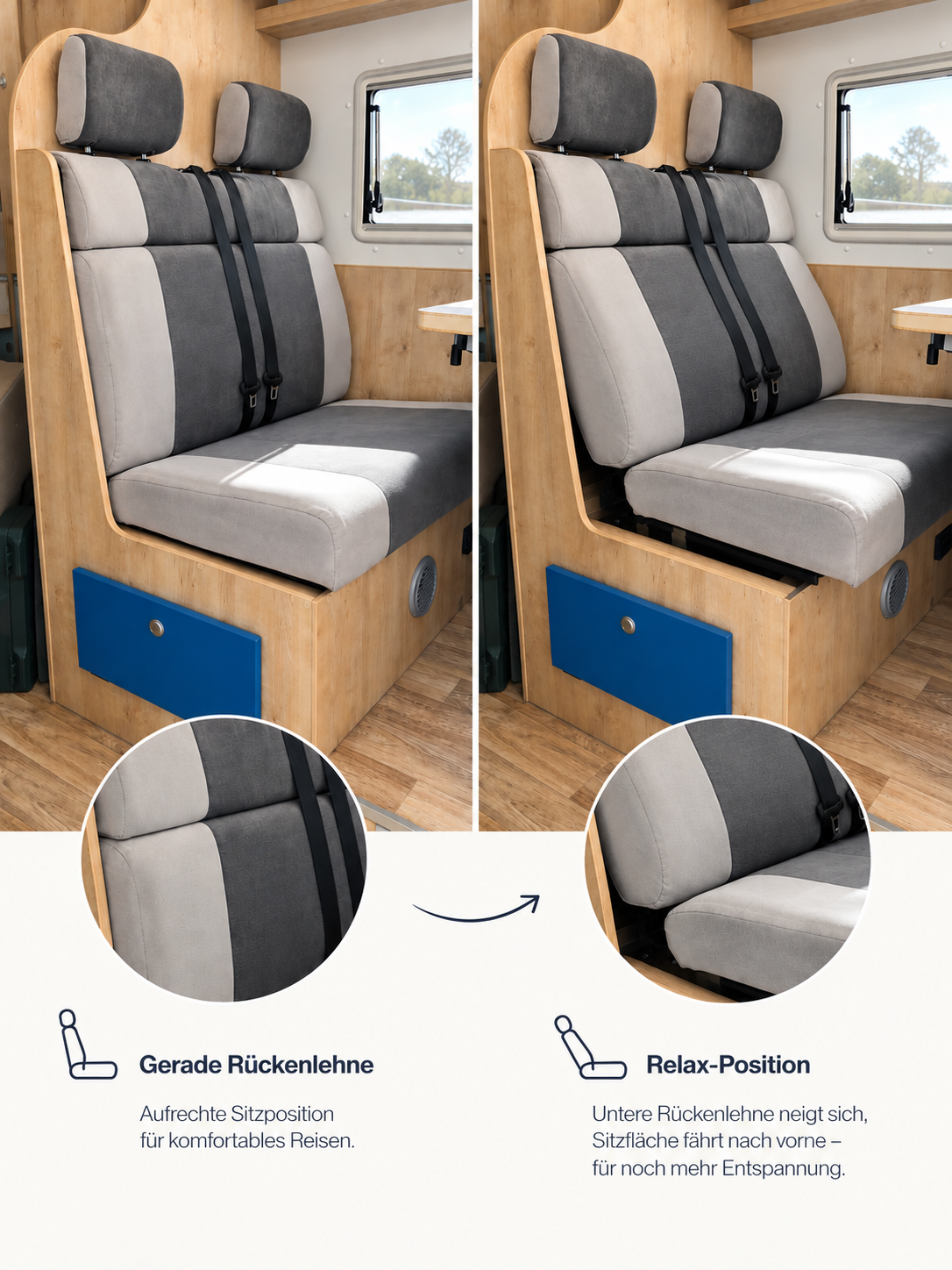 Relaxo Sitzbank im Vergleich: gerade Rückenlehne und Relax-Position mit nach vorne gefahrener Sitzfläche